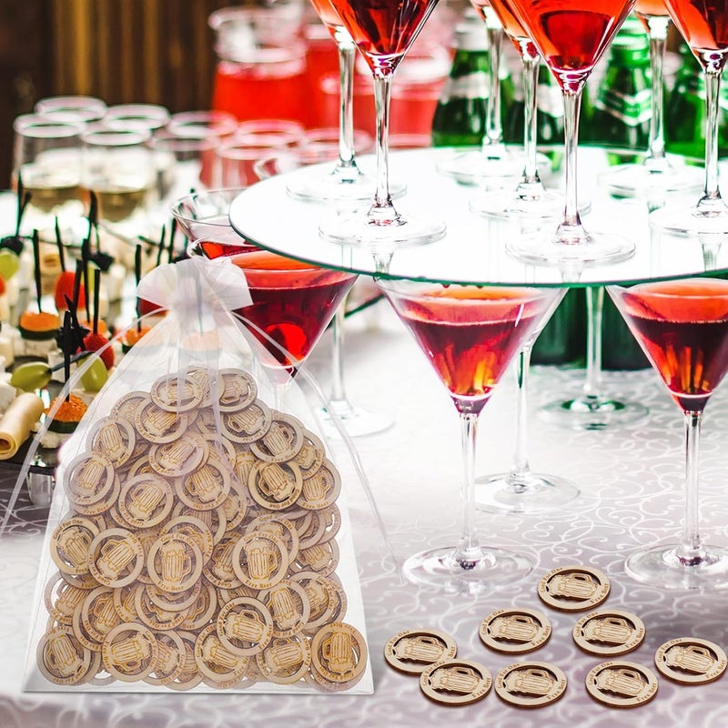 Motionchic 200 Pcs Drink Tokens Bulk for Bars Personalized Wooden Drink Tickets with Organza Bags Poker Chips for Wedding Party Oktoberfest Bar Event Supplies - Image 5